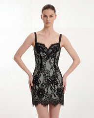 Eyelash Lace Bustier Bodycon Dress - Black/Matcha Green