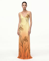 Iris Motif Satin Slip Gown - Yellow/Orange