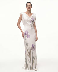 Floral Print Cowl Neck Dress - Ivory Purple