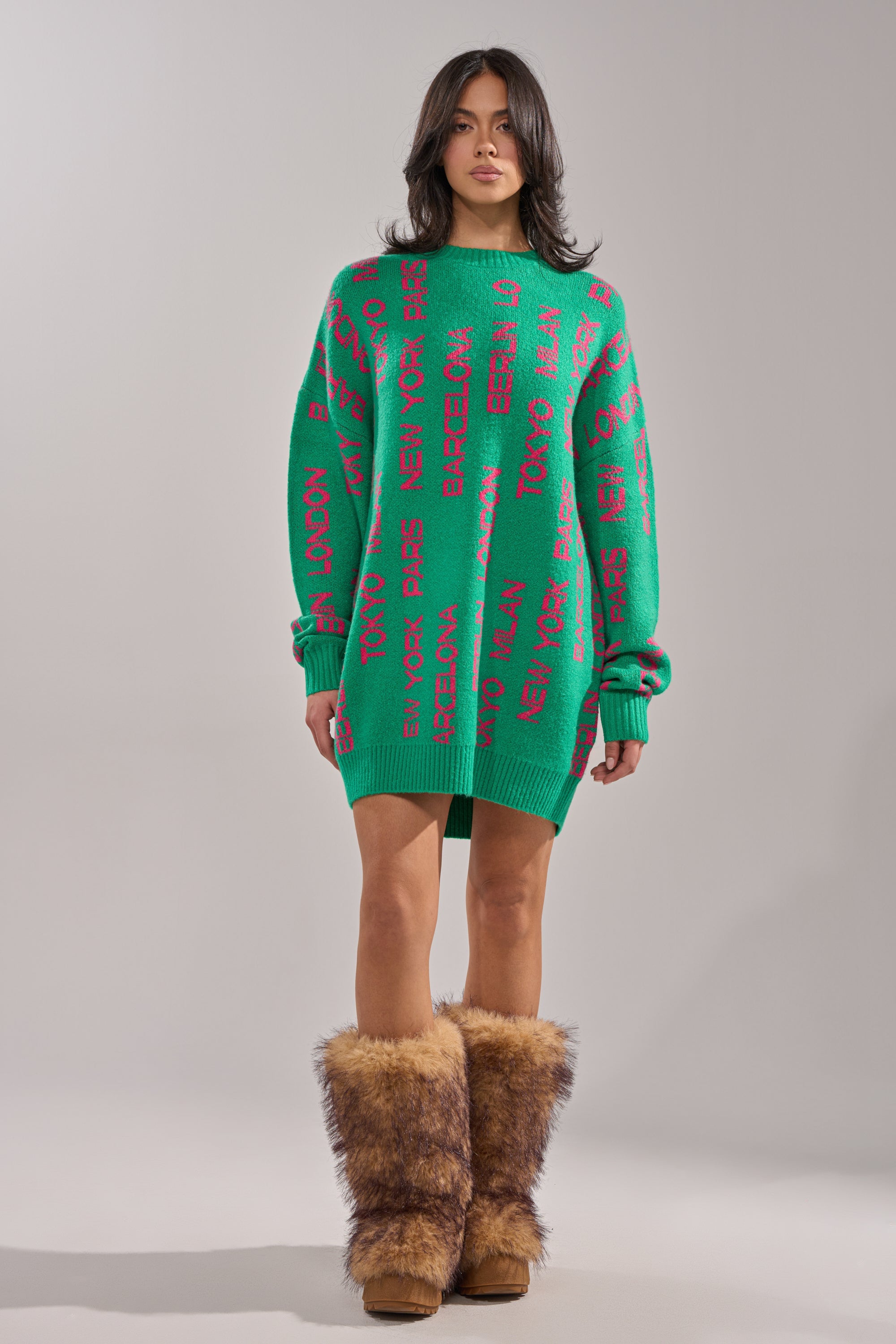 AROUND THE WORLD SWEATER MINI DRESS IN GREEN
