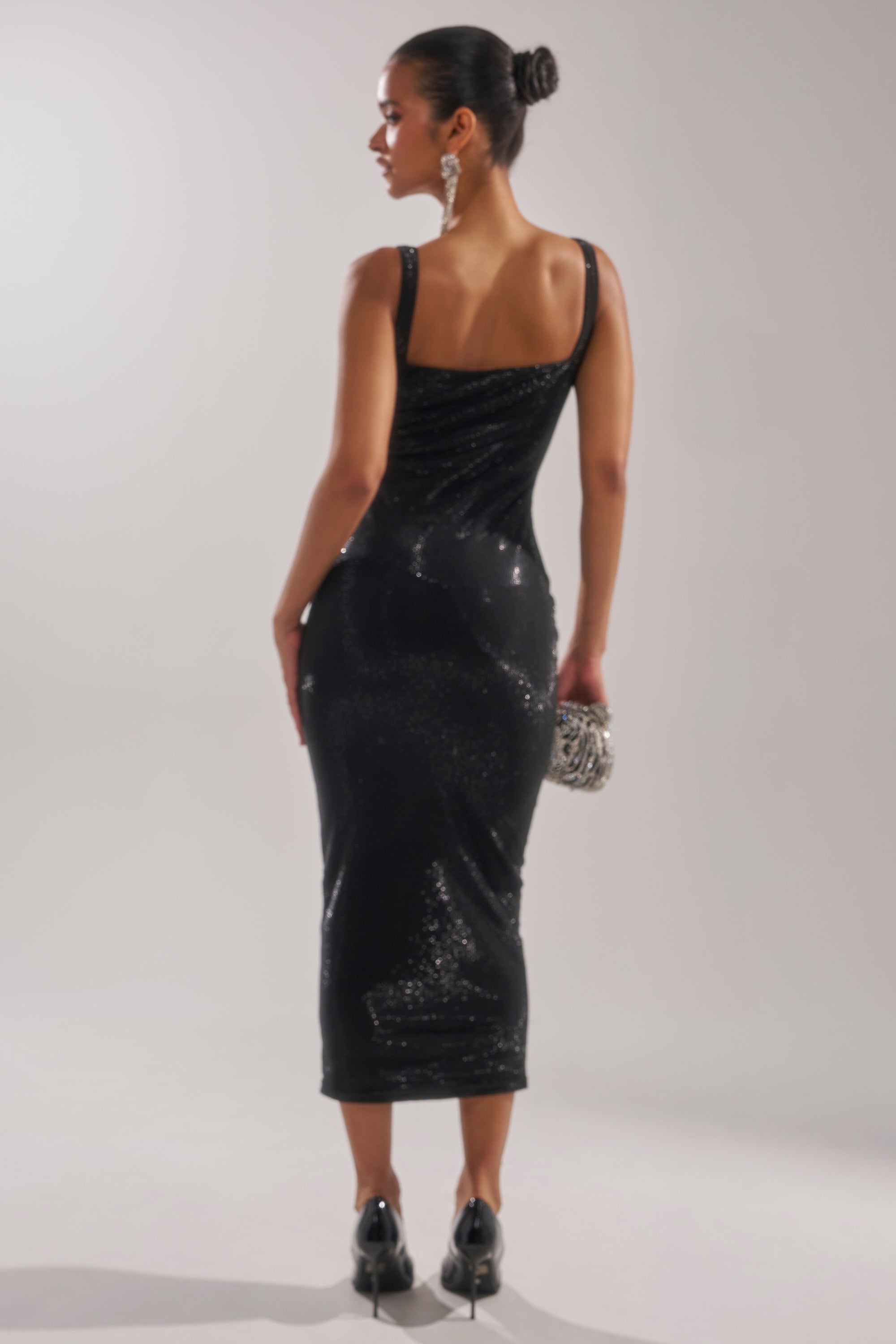 CLASSY BUT SASSY RHINESTONE MIDI DRESS IN BLACK