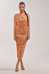 KILL THE LIGHTS STRAPLESS RHINESTONE MIDI DRESS IN PEACH BELLINI