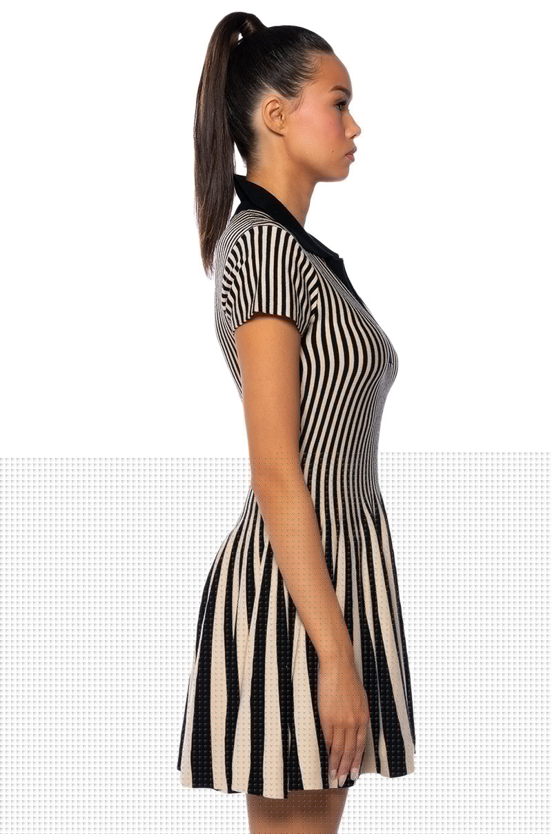 ALINA PLEATED KNIT FIT AND FLARE MINI DRESS IN BLACK MULTI