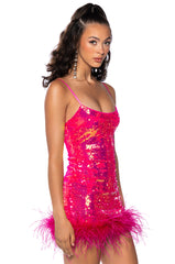MOVE ALL NIGHT SEQUIN FEATHER TRIM MINI DRESS