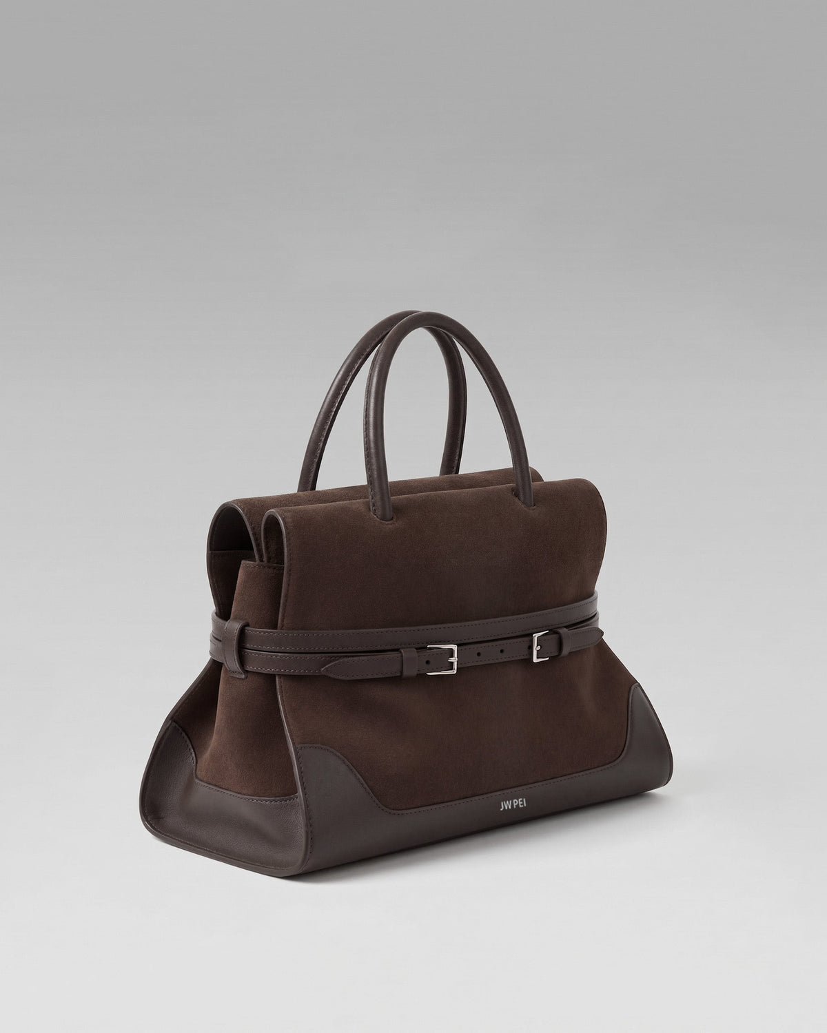 Faux Suede Belted Tote Bag - Brown